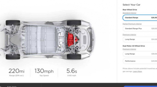 特斯拉Model 3中端电池组选件